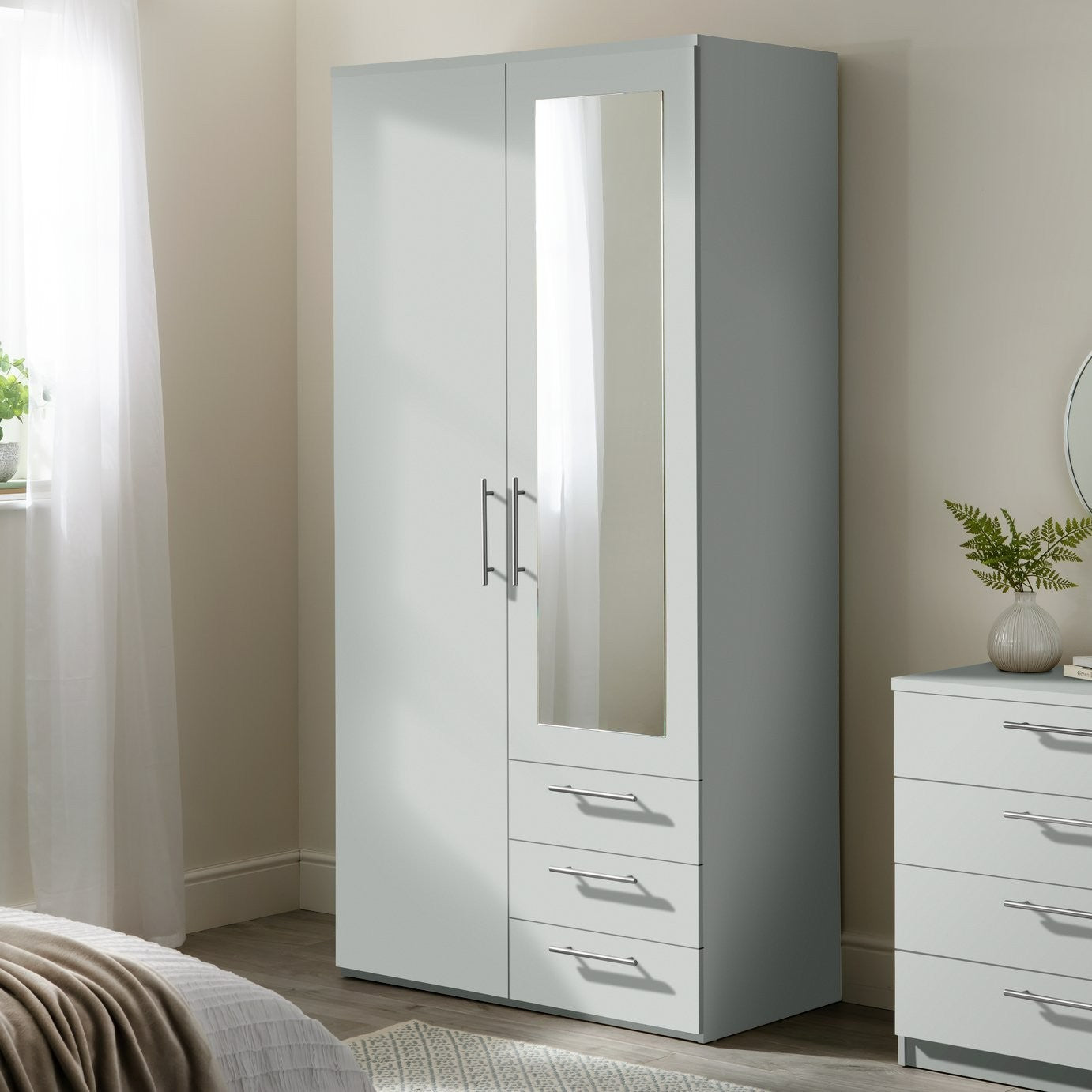 Home Brisbane 2 Door 3 Drawer Mirror Wardrobe – Grey | Sleek Neutral Aesthetic