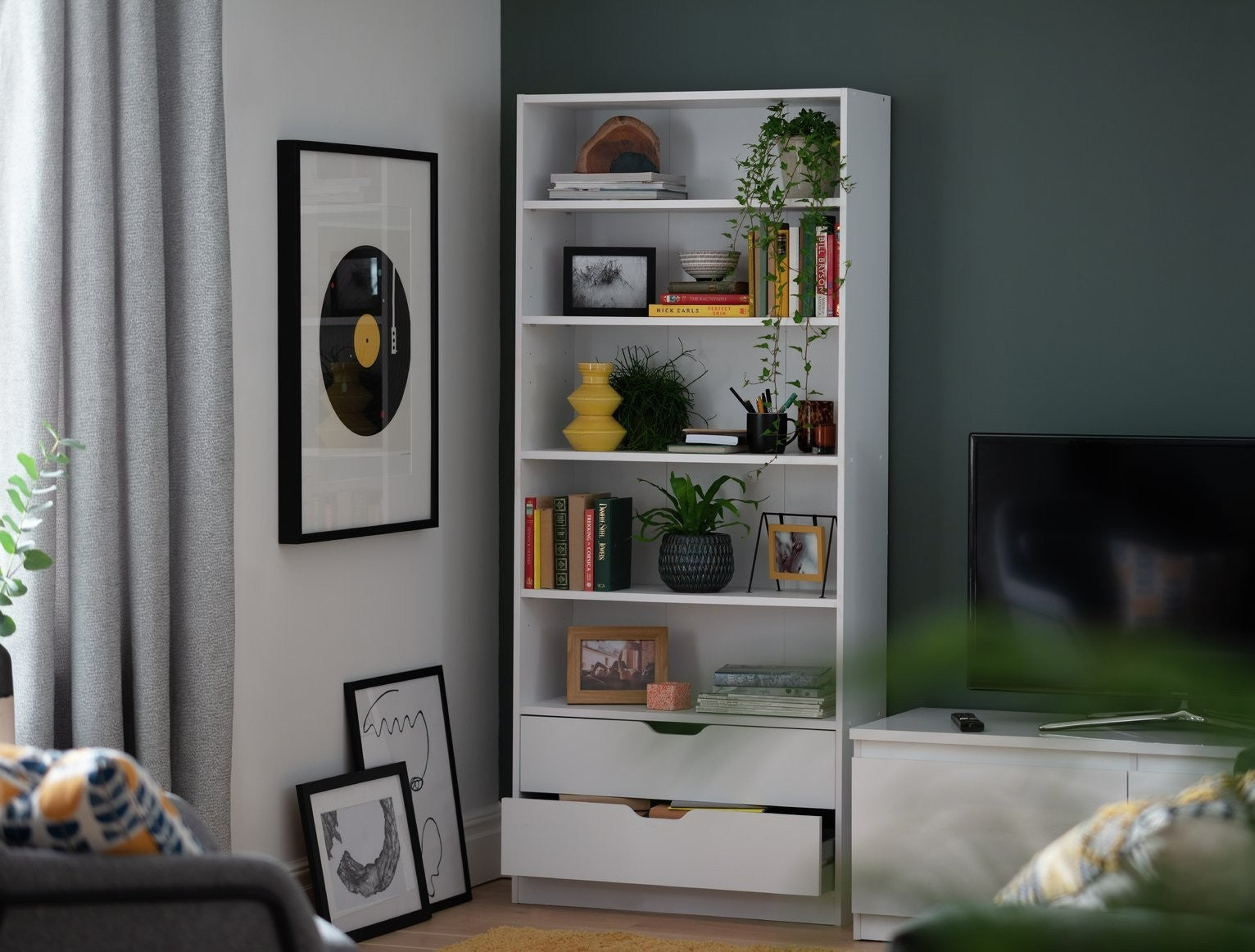 Compton 2 Drawer Bookcase - White | Space Saving Display Solution