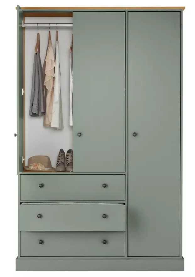 Home Kensington 3 Door 3 Drawer Wardrobe - Sage Green | Clothing Organization