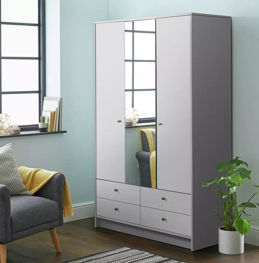 Home Malibu 3 Door 4 Drawer Mirror Wardrobe - Grey | Modern Bedroom Storage