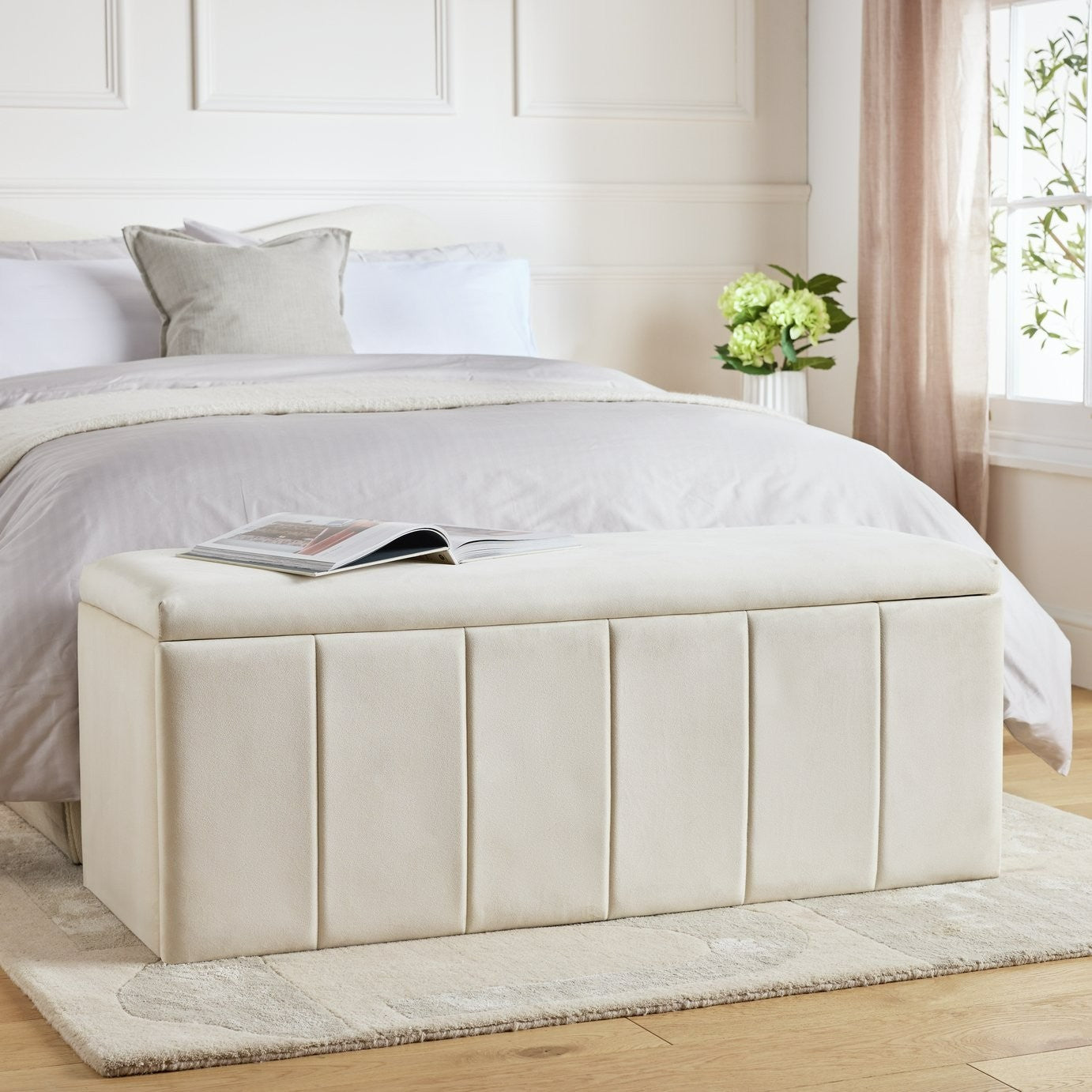 Home Pandora Velvet Storage Ottoman - Cream | Soft Textured Surface