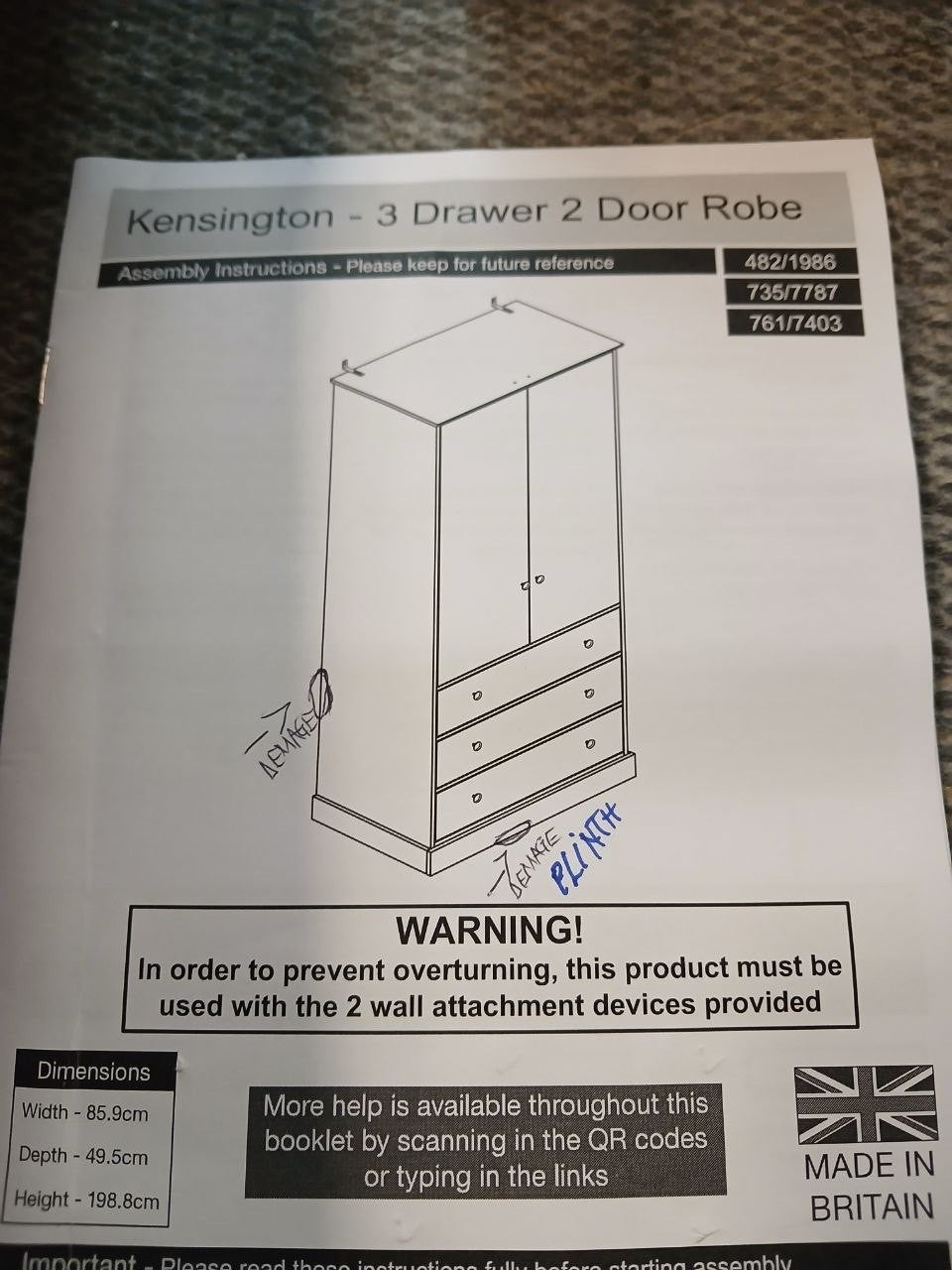 Kensington 2 Door 3 Drawer Wardrobe - Sage Green (B GRADE 1080)