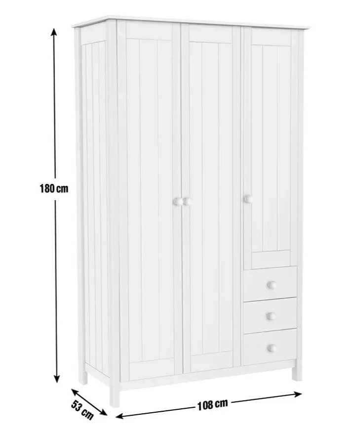 Home Scandinavia 3 Door 3 Drawer Wardrobe White | Large Bedroom Storage Unit