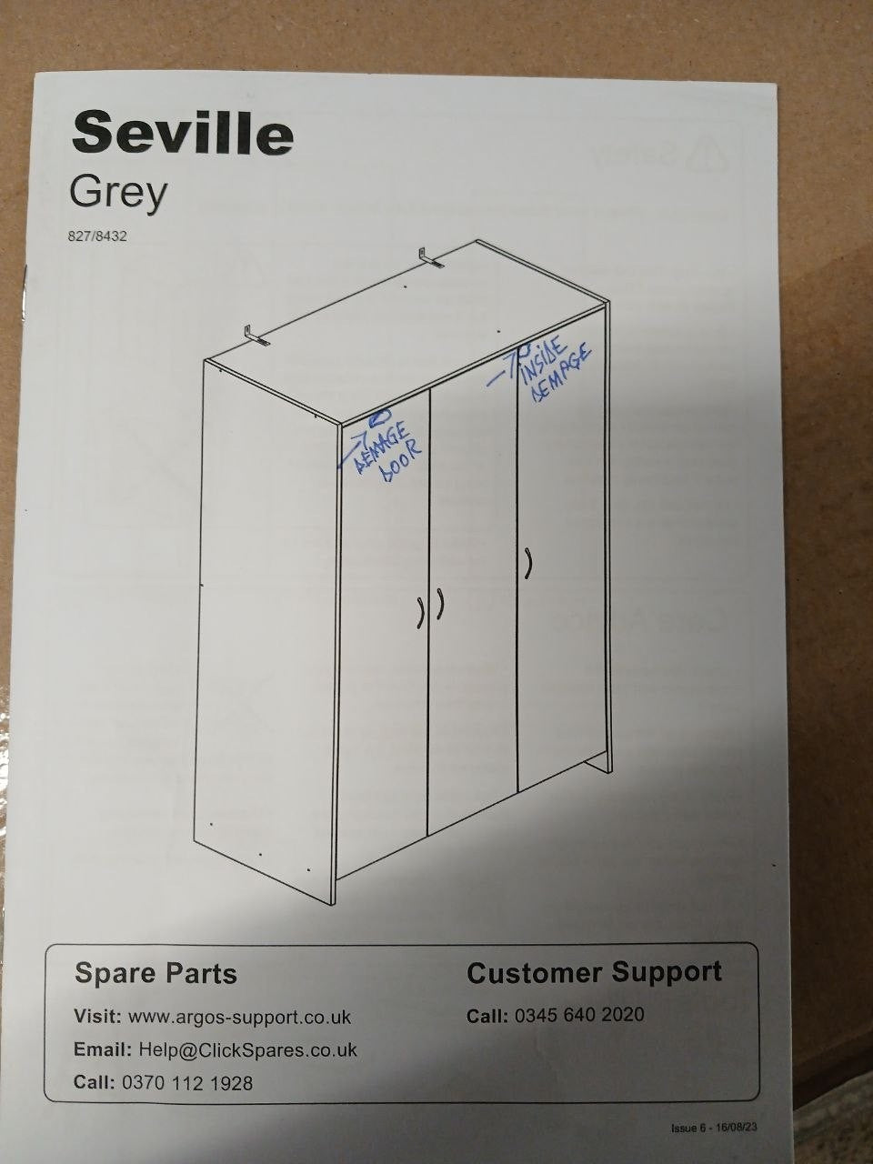 Home Seville 3 Door Wardrobe - Grey Oak Effect ( B Grade 1087)