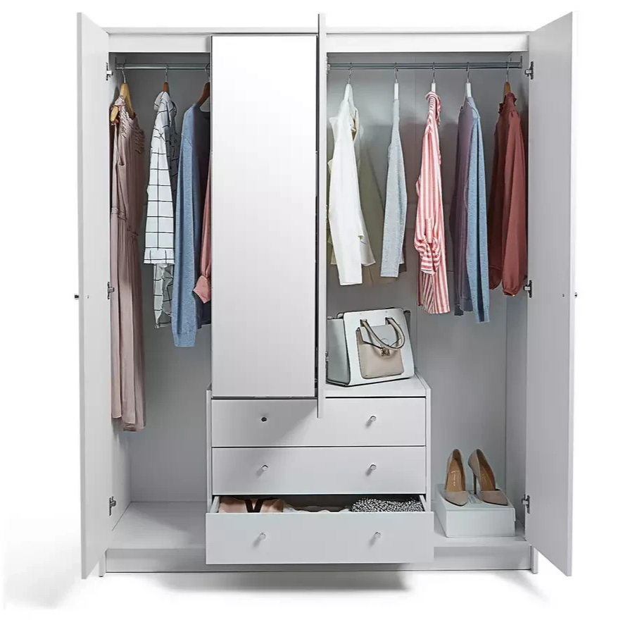 Home Malibu 4 Door 3 Drawer Mirror Wardrobe - White