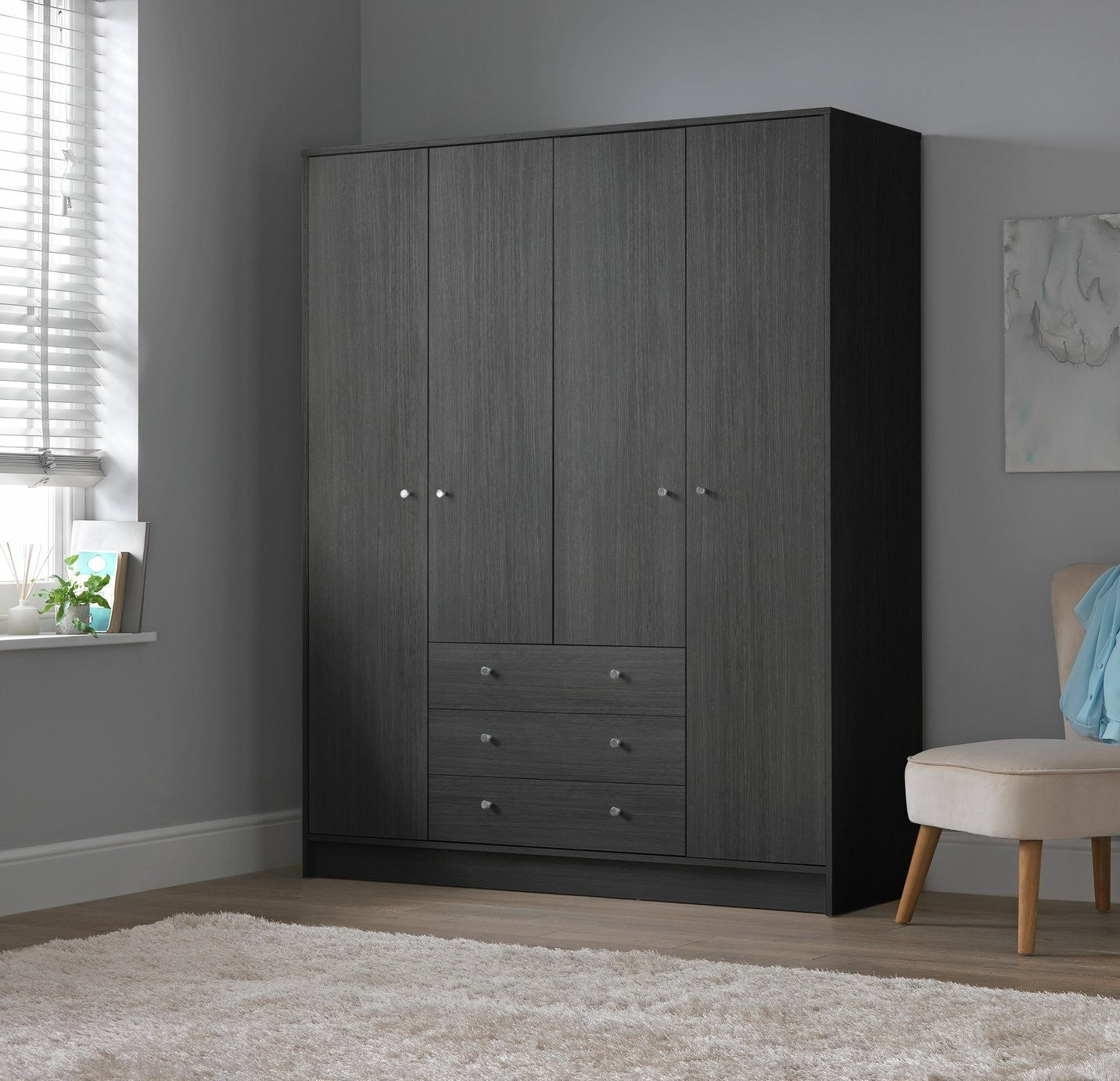 Home Malibu 4 Door 3 Drawer Wardrobe - Black Oak Effect (B Grade)