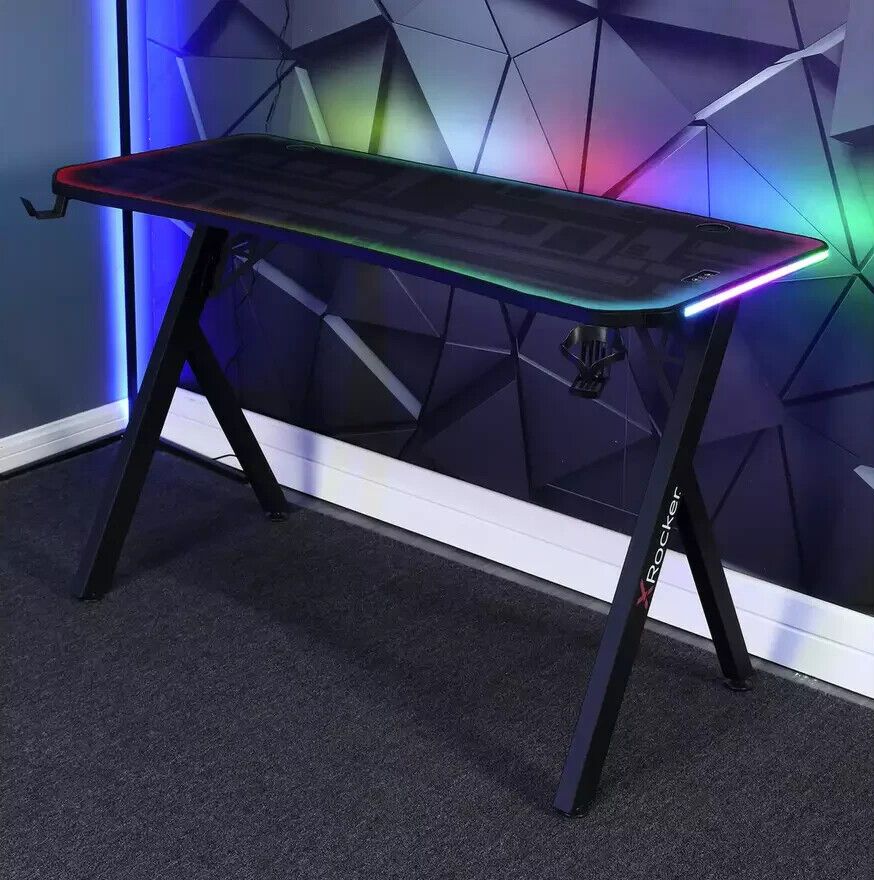 X Rocker Lumio Office Gaming Desk - Black | Black LED Computer Table for Gamers