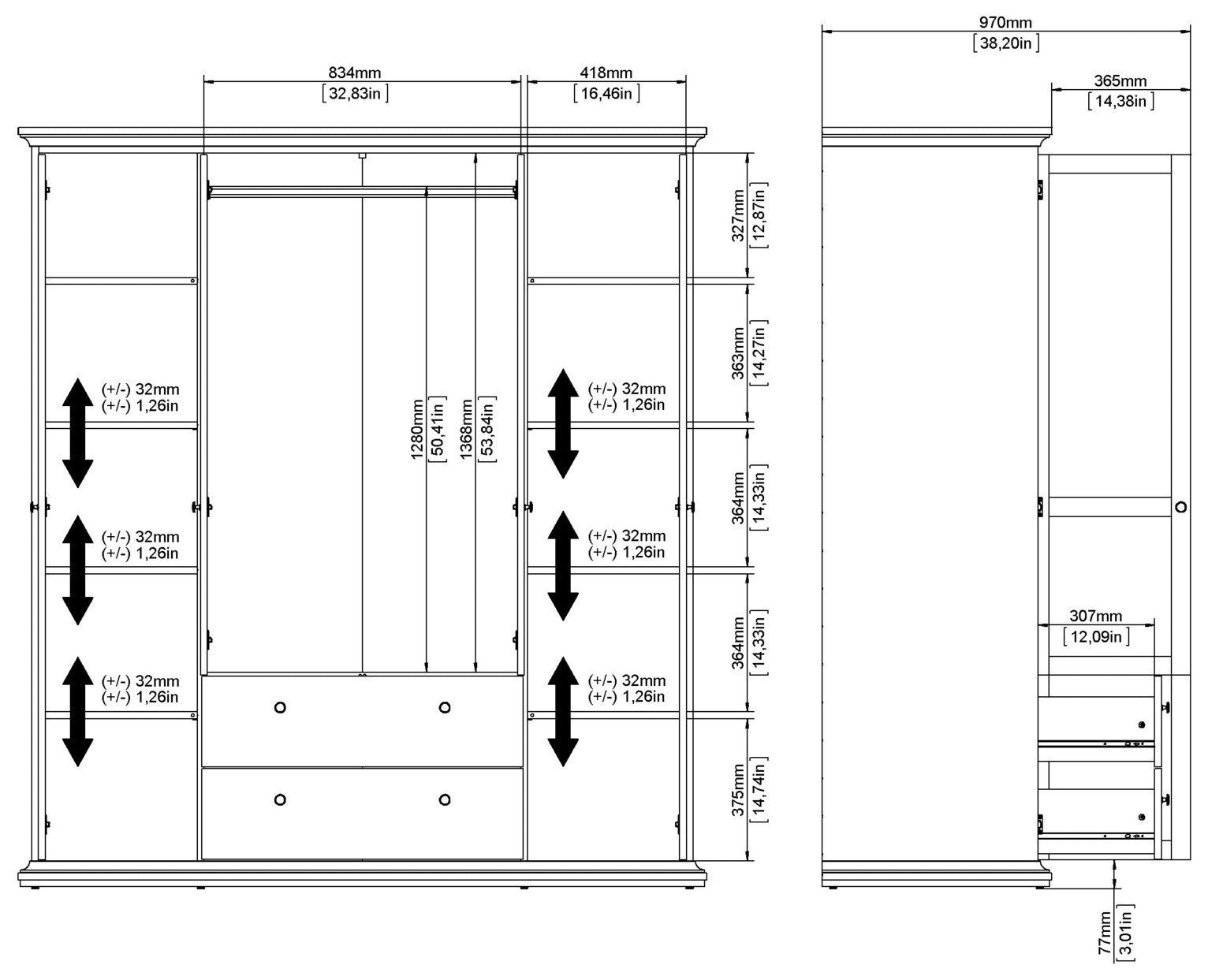 Tvilum Paris 4 Door 2 Drawer Wardrobe - White | Romantic Clothing Organization