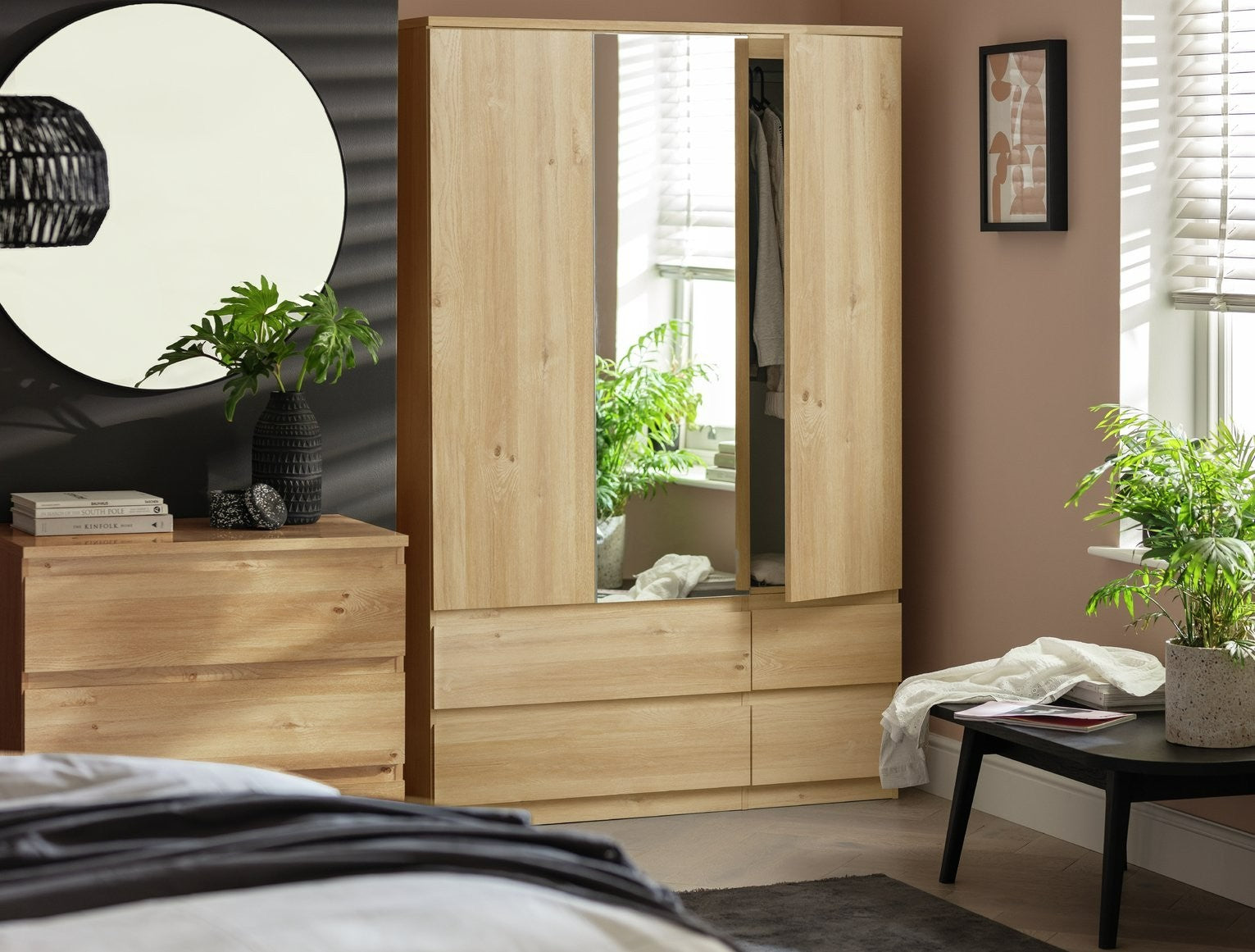 Home Jenson 3 Door 4 Drawer Mirror Wardrobe - New Oak | Organized Living Space