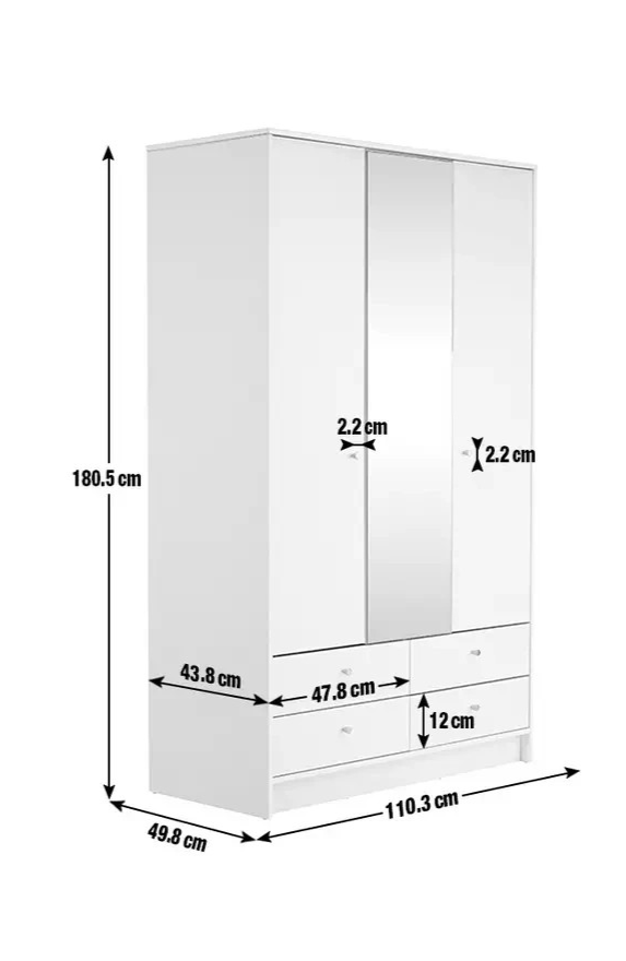 Home Malibu 3 Door 4 Drawer Mirror Wardrobe - Grey | Modern Bedroom Storage