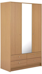 Home Malibu 3 Door 4 Drawer Mirror Wardrobe Oak Effect | Bedroom Storage
