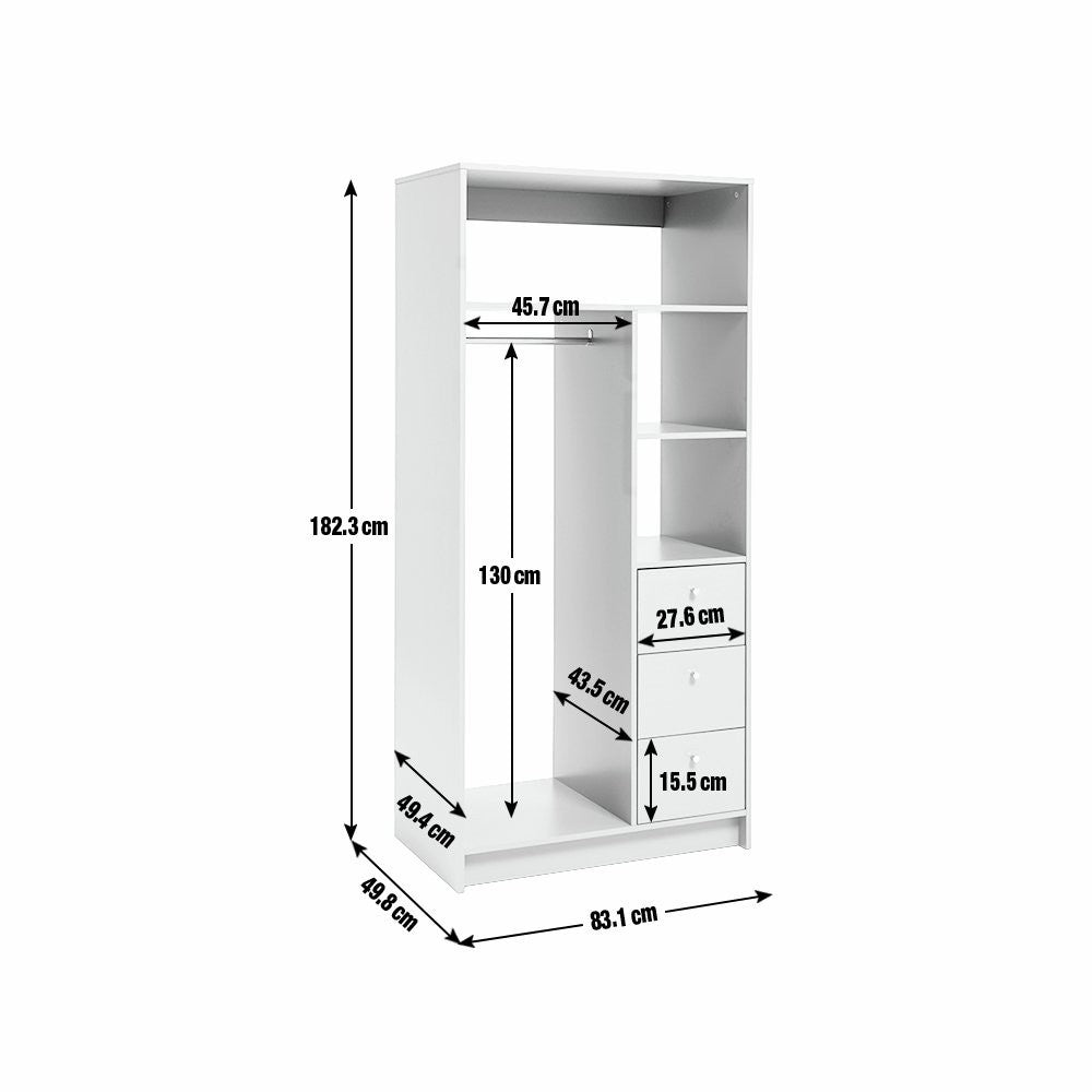 Malibu 3 Drawers Open Storage Wardrobe - White | Open wardrobe with drawers