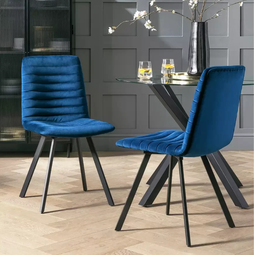 Home Keaton Pair of Velvet Dining Chairs Dark Blue | Modern Dining Chair Set