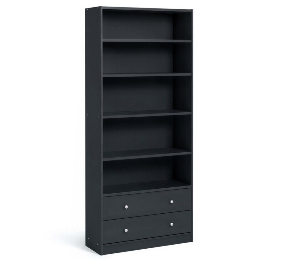 Maine 5 Shelf Bookcase With 2 Drawers Storage Unit Display Cabinet - Black Oak