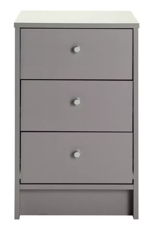 Home Malibu 3 Drawer Bedside Table Grey | Bedroom Nightstand Storage Furniture