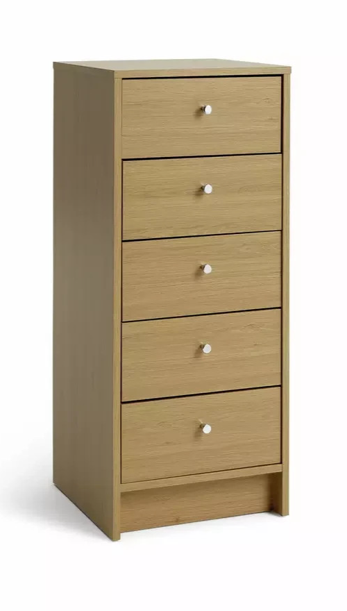 Home Malibu 5 Drawer Tallboy Oak Effect | Bedroom Storage Chest Cabinet