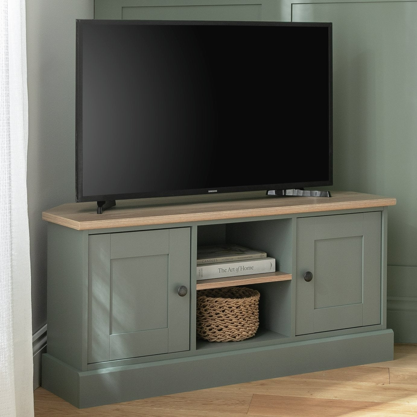 Home Winchester 2 Door Corner TV Unit - Green | Stylish Media Storage
