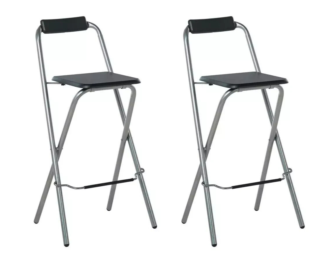 Pair of Folding Metal Bar Stools - Black & Silver