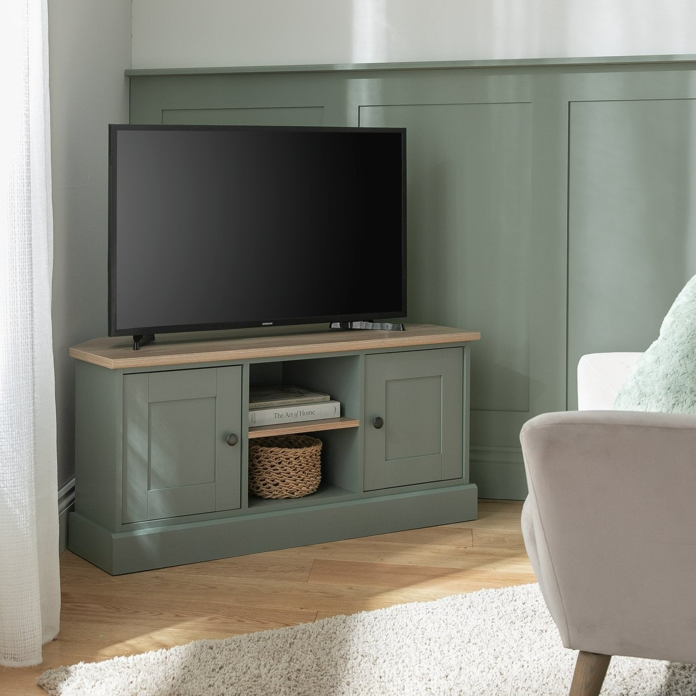 Home Winchester 2 Door Corner TV Unit - Green | Stylish Media Storage