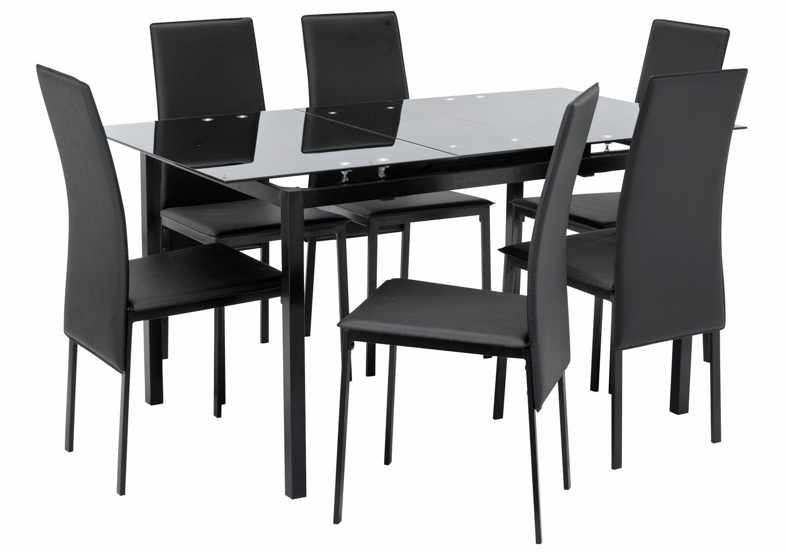 Home Lido Glass Extending Table & 6 Black Chairs | Modern Kitchen Dining Set