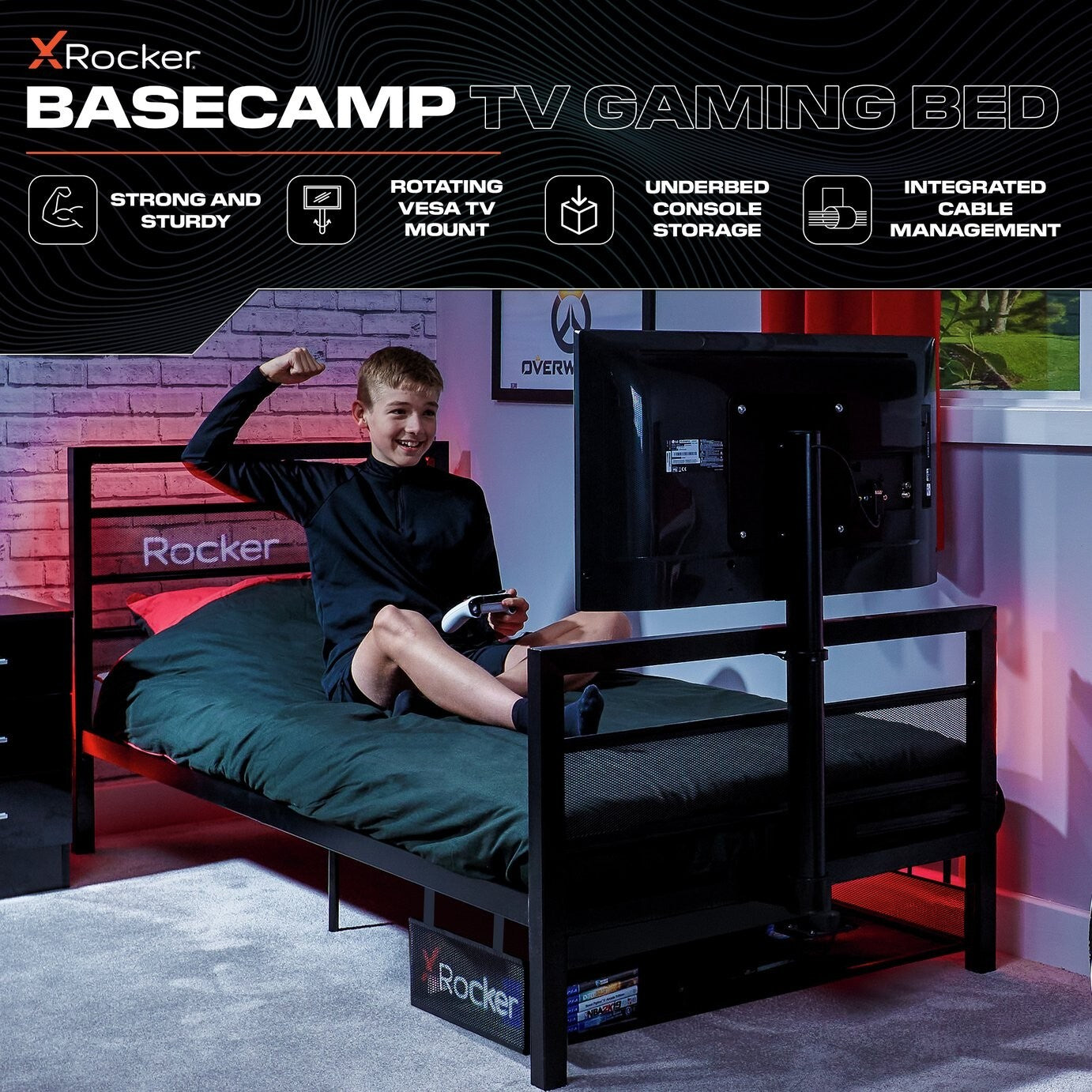 X Rocker BaseCamp TV and Gaming Bed Frame - Black