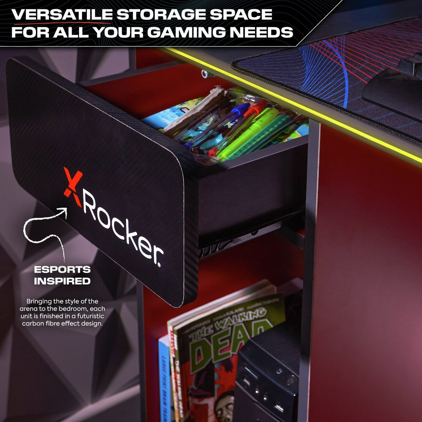 X Rocker Carbon Tek Gaming Desk - Black | Computer Desk With Lighting