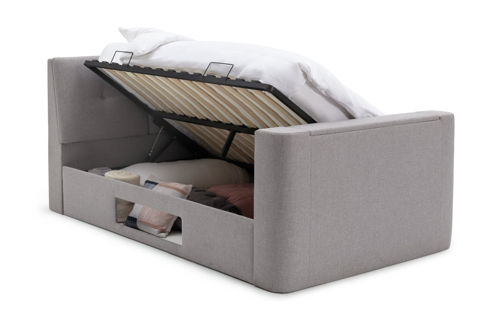 Home Jakob Kingsize TV Ottoman Bed Frame - Grey | High End Bedroom Comfort