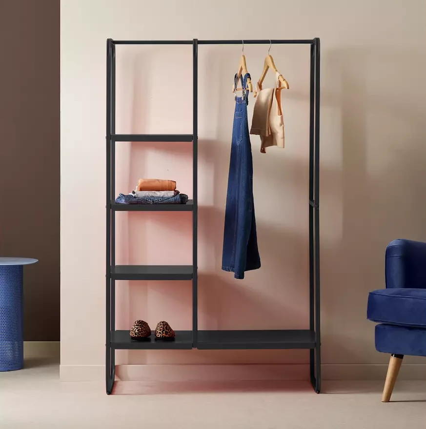 Lorelei Clothes Rail with Shelves Black | Open Wardrobe Storage Rack Furniture