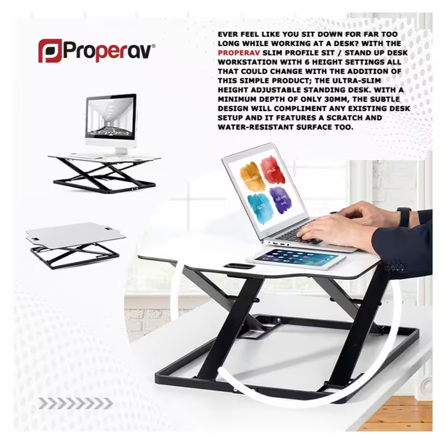 ProperAV Slim Profile Stand Up Desk Workstation - White | Adjustable Office Tabl