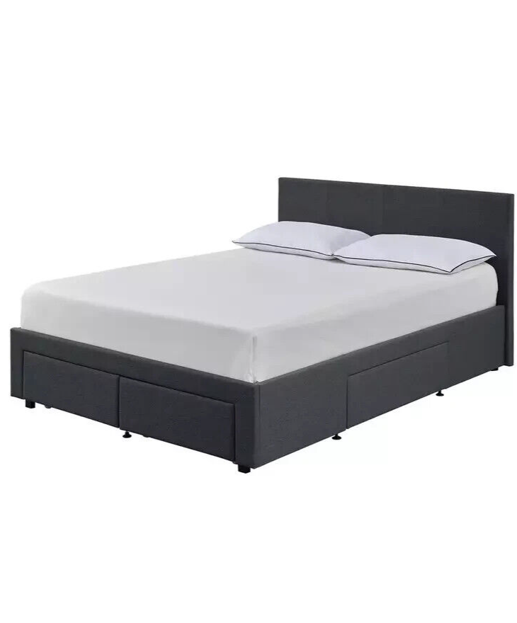 Heathdon 4 Drawer Kingsize Fabric Bed Frame - Grey | Upholstered Storage Bedstea