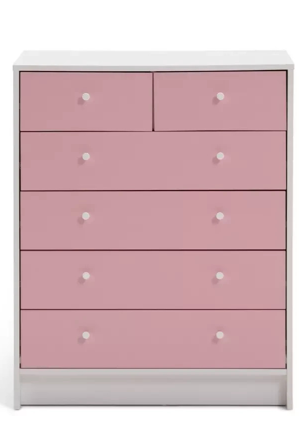 Kids Malibu 6 Drawer Chest - Pink & White (B GRADE 1033.)