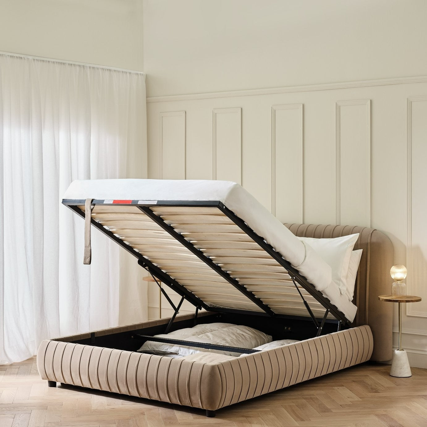 Beatrix Double End Lift Ottoman Bed - Mink | Elegant Home Arrangement
