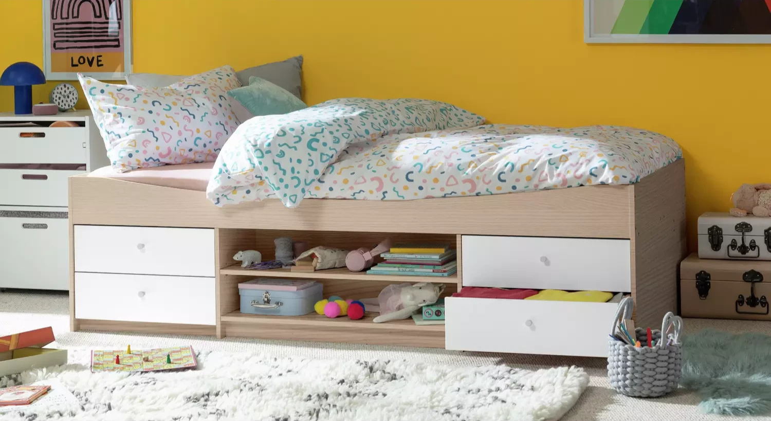 Malibu Storage Cabin Bed White & Acacia | Kids Bedroom Bed with Storage