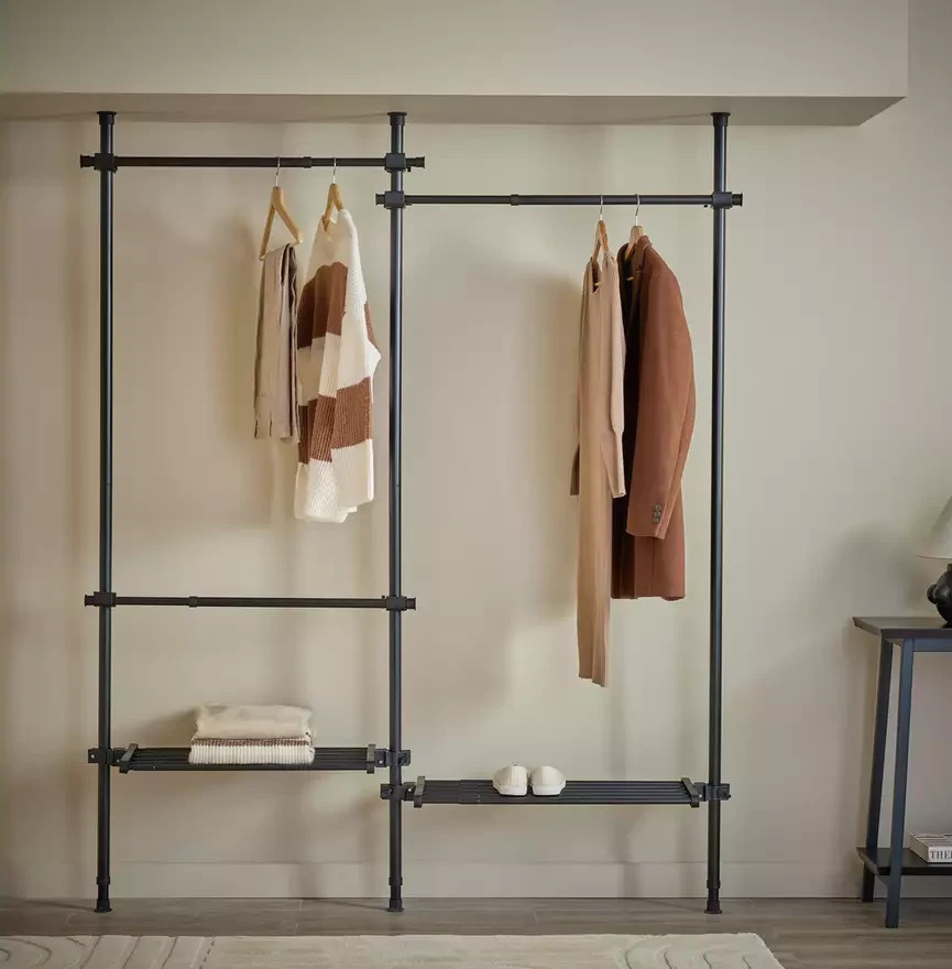 Double Adjustable Ceiling Clothes Rail Black | Hanging Garment Storage Rack