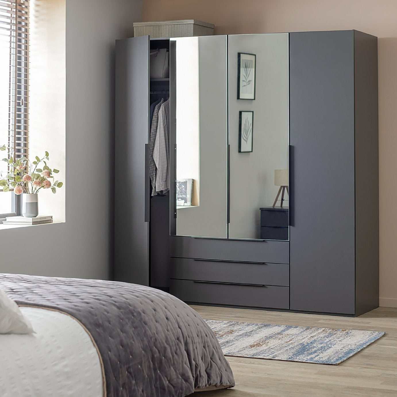 Hallingford 4 Door 3 Drawer Wardrobe - Anthracite | Modern Bedroom Storage
