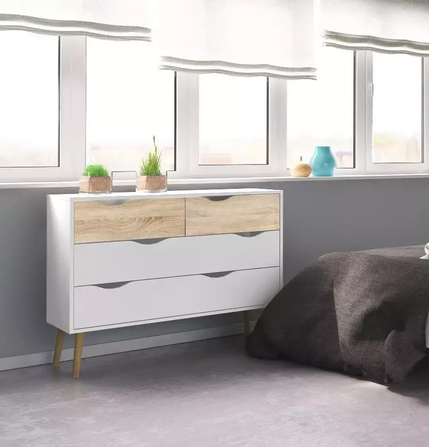 Tvilum Oslo 4 Drawer Chest White & Oak | Bedroom Storage Chest of Drawers