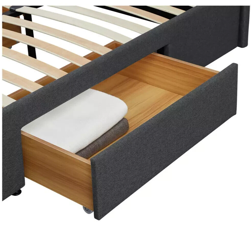 Heathdon 4 Drawer Kingsize Fabric Bed Frame - Grey | Upholstered Storage Bedstea
