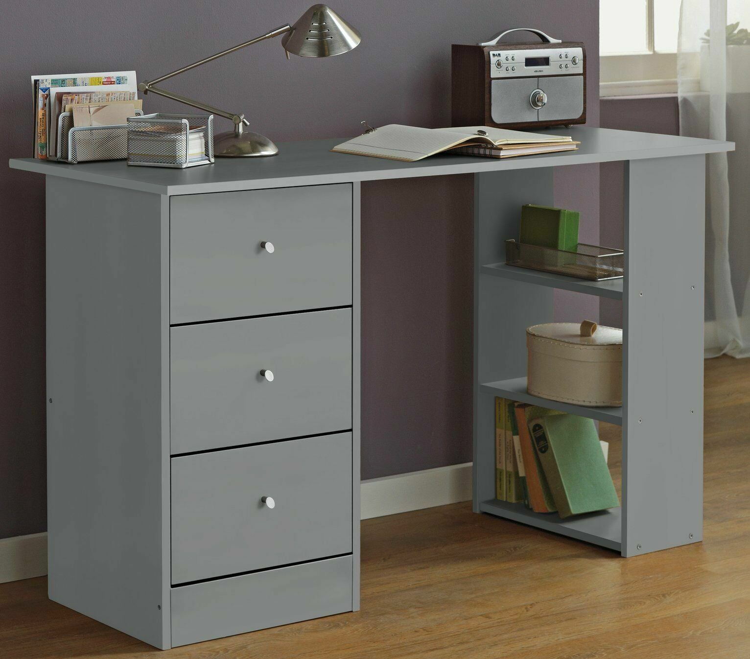 Home Malibu 3 Drawer Office Desk - Grey | Compact Desk for Work or Home Office