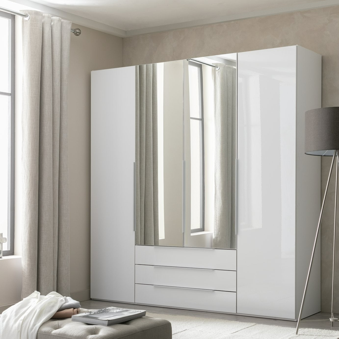 Hallingford 4 Door 3 Drawer Wardrobe- White Gloss | High Shine Furniture