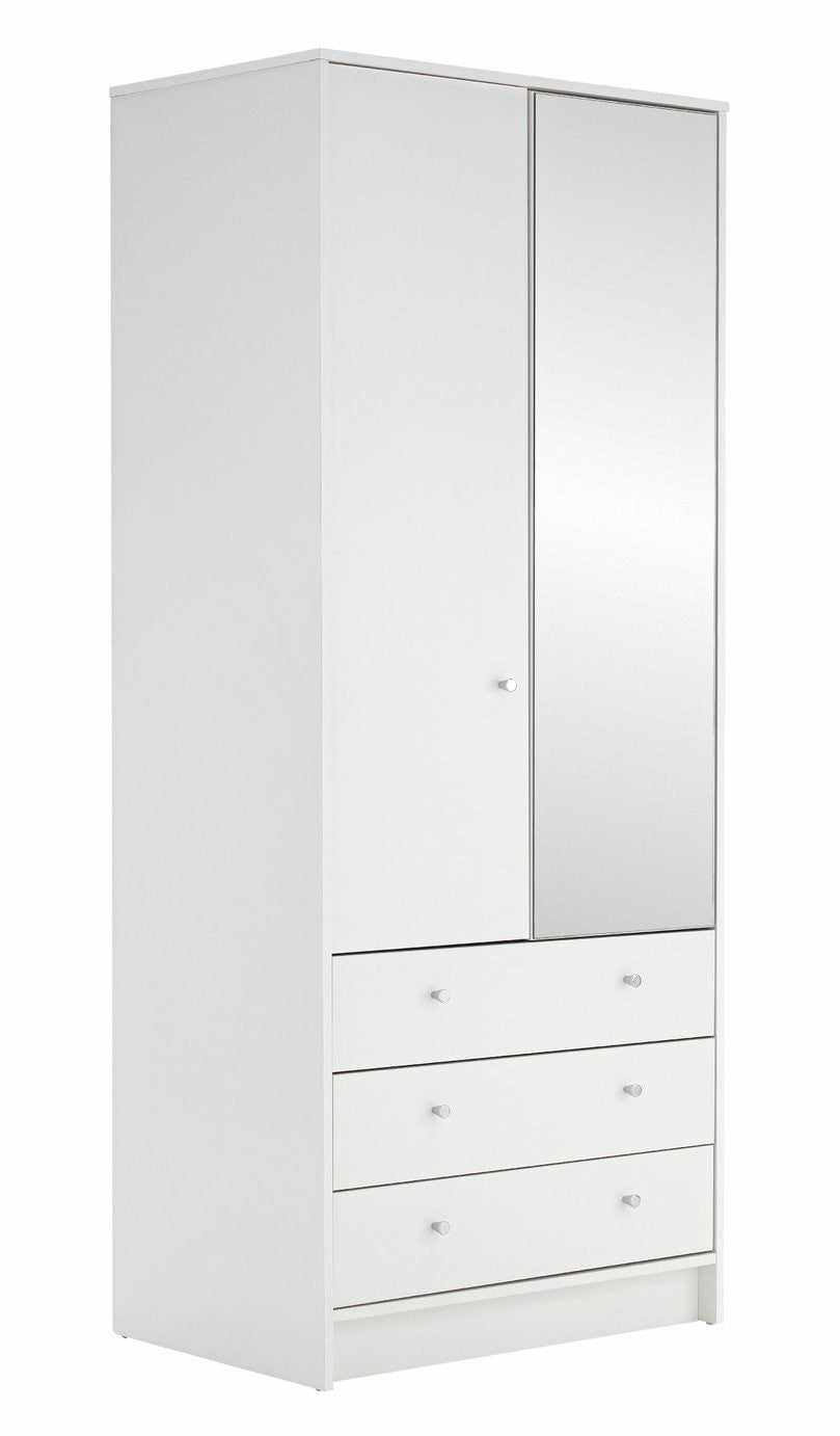 Home Malibu 2 Door 3 Drawer Mirror Wardrobe - White | Modern white wardrobe