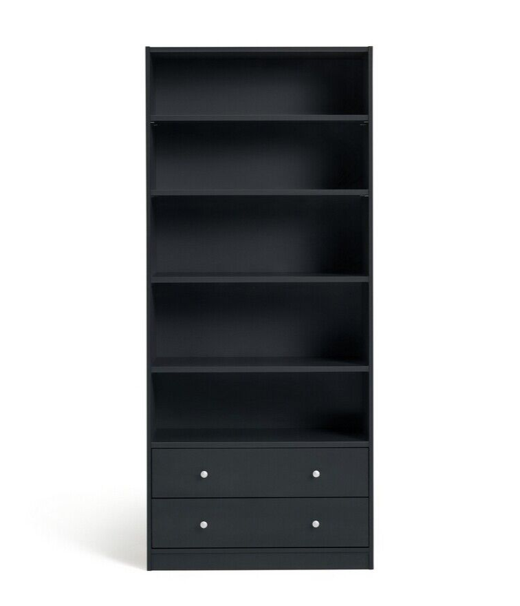 Maine 5 Shelf Bookcase With 2 Drawers Storage Unit Display Cabinet - Black Oak