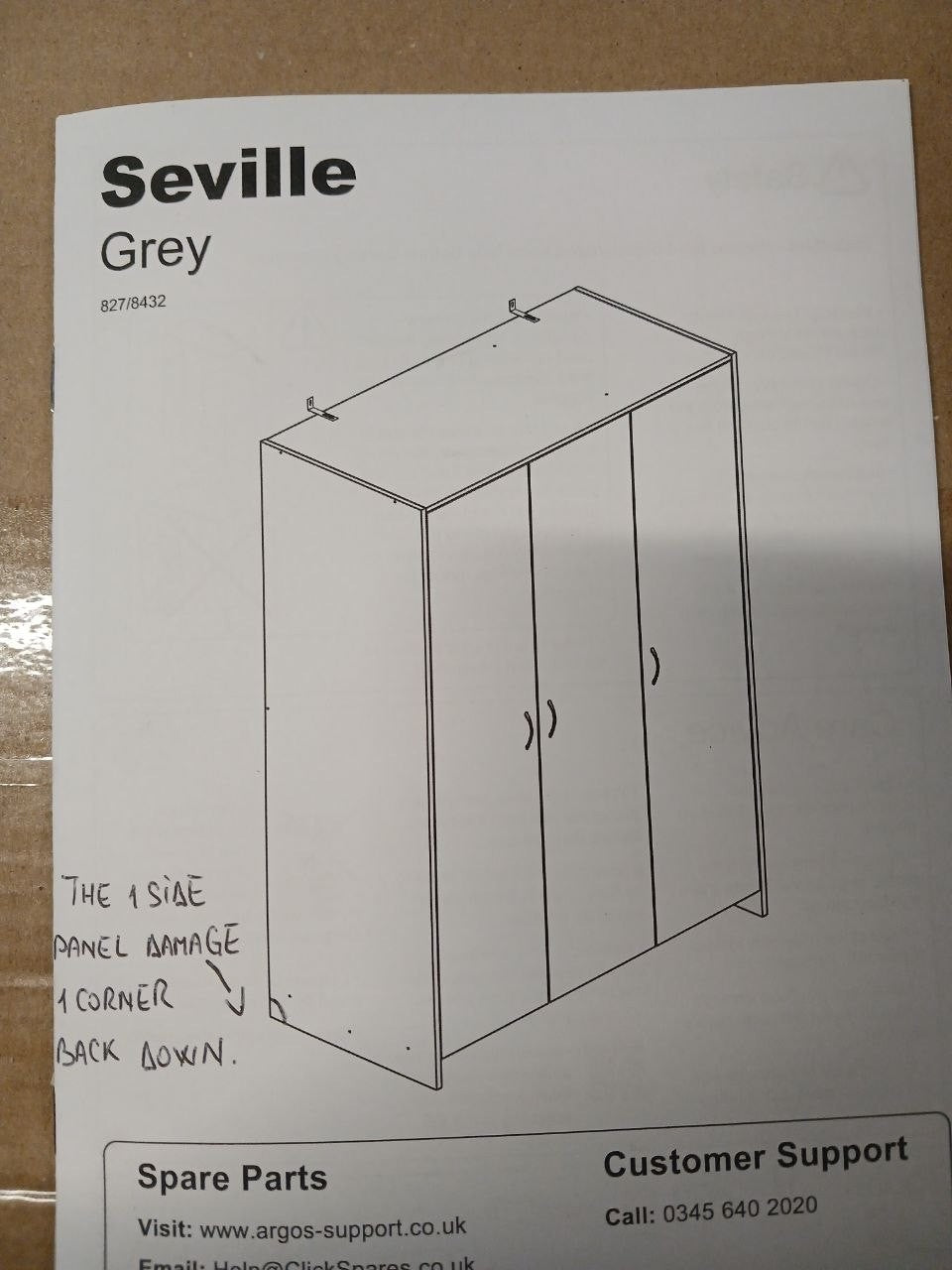 Home Seville 3 Door Wardrobe - Grey Oak Effect ( B Grade 1125.)