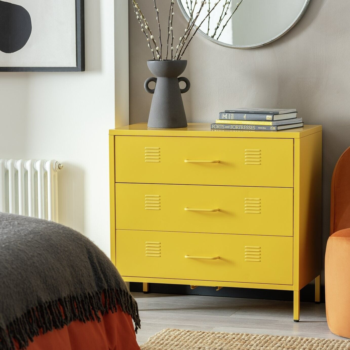 Habitat Stevie 3 Drawer Chest Mustard | Retro Steel Storage Unit with Metal Hand