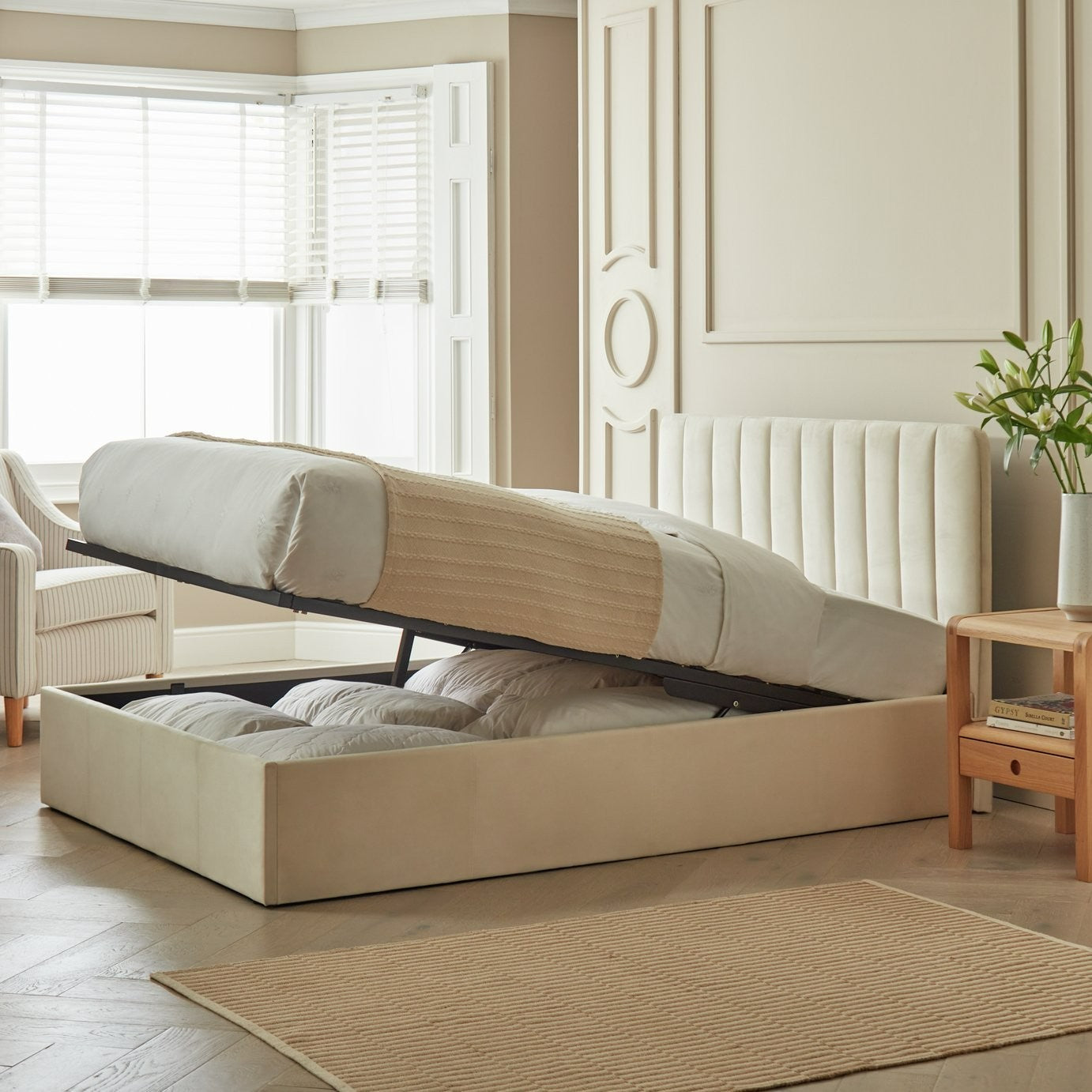 Home Pandora Double End Lift Ottoman Bed - Cream | Lift-up storage bed