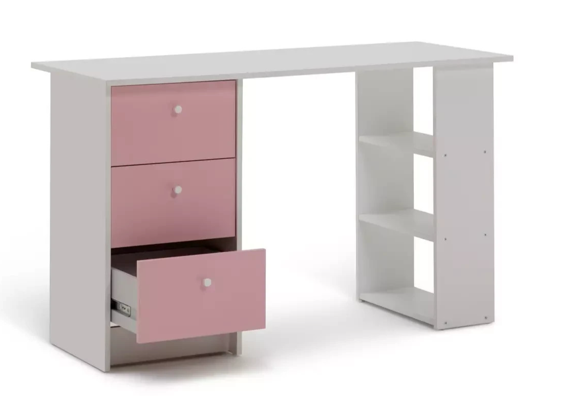Home Kids Malibu 3 Drawers Desk - Pink & White | Sturdy Computer Desk Modern