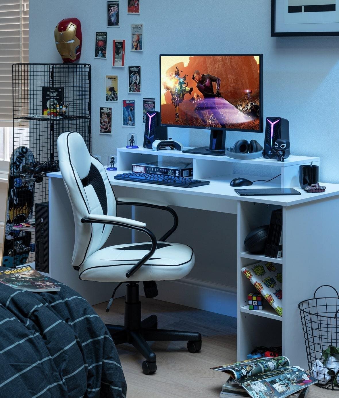 Home Gaming Desk - White | Modern Stylish Computer Desk Gaming Setup Workspace