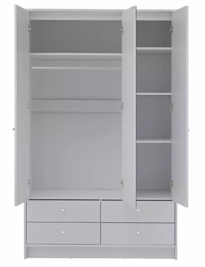 Home Malibu 3 Door 4 Drawer Mirror Wardrobe - Grey | Modern Bedroom Storage