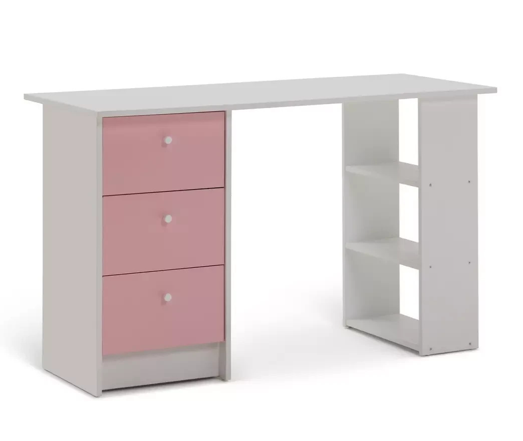 Home Kids Malibu 3 Drawers Desk - Pink & White | Sturdy Computer Desk Modern