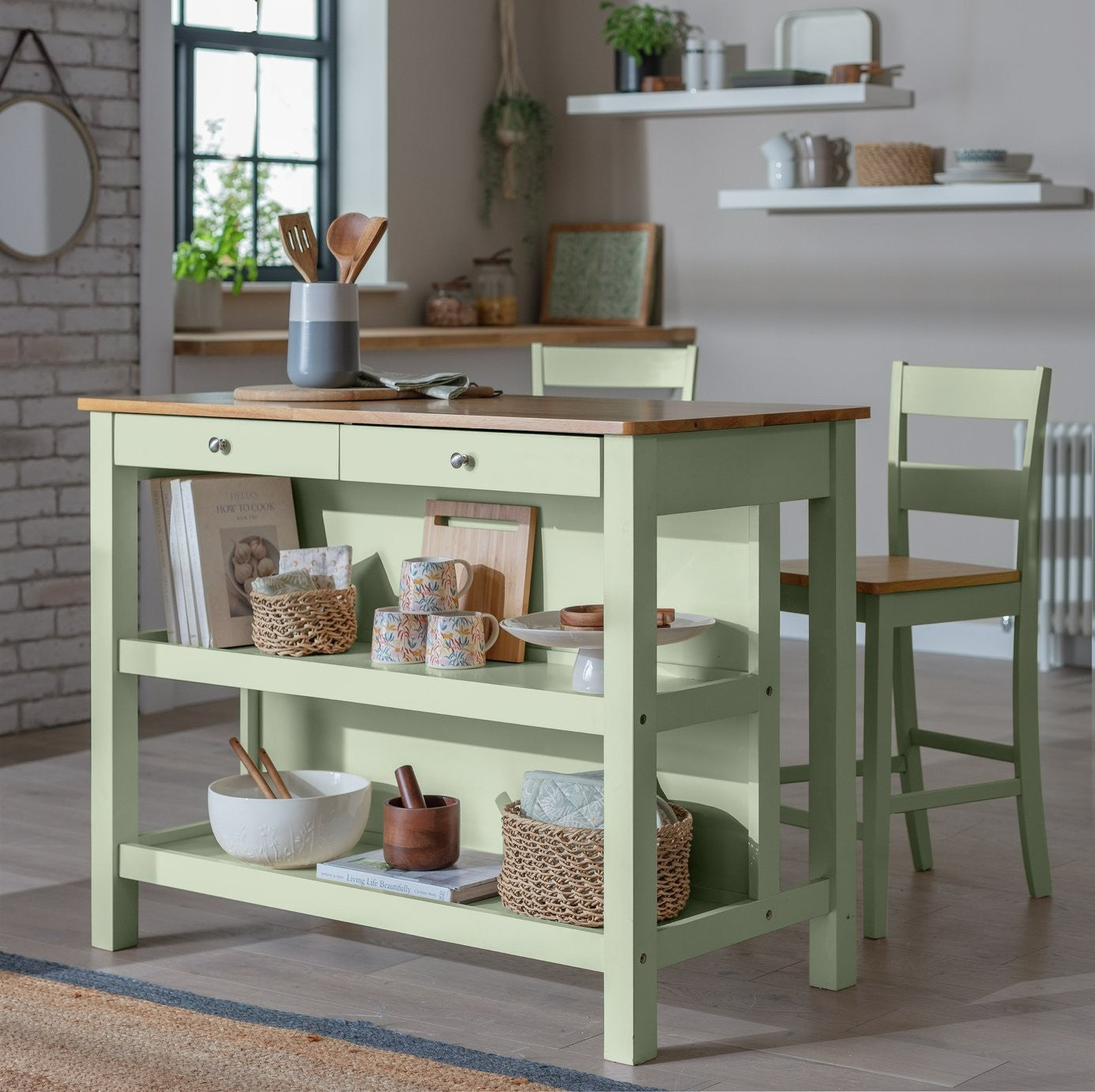 Home Chicago Wooden 2 Seater Bar Island - Sage | Compact Breakfast Setup