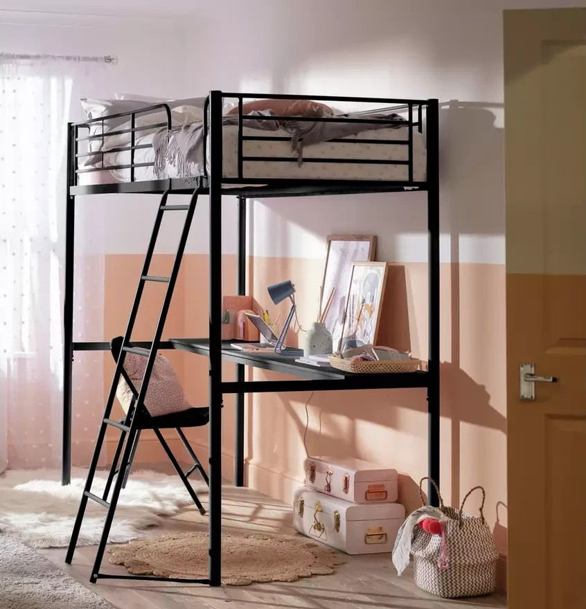 Riley High Sleeper Metal Bed Frame with Desk Black | Kids Loft Bed Furniture